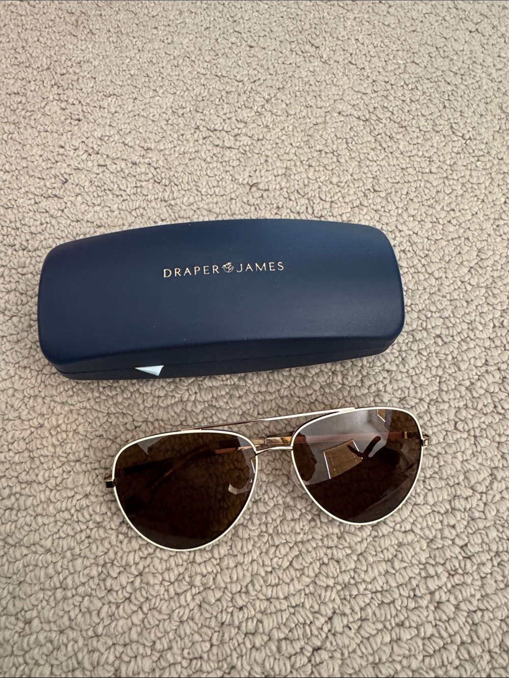 Draper James Gold Frame Aviator Sunglasses with Brown Lenses and Navy Case
